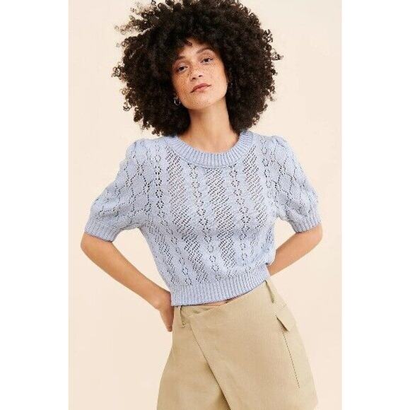 Free People Sweater Womens L Blue Eloise Pullover Short Puff Sleeve Open Knit - Picture 2 of 8
